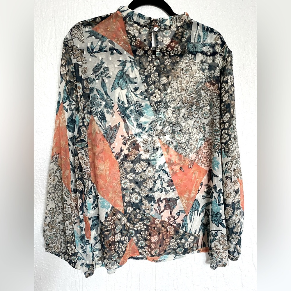 NWOT World Market sheer colorful patchwork and polka dot blouse